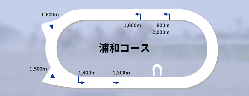 浦和競馬場の全コース図:800m、1300m、1400m、1500m、1600m、1900m、2000m各距離のスタート地点を示した左回りコースの詳細レイアウト 浦和競馬場コース全体図